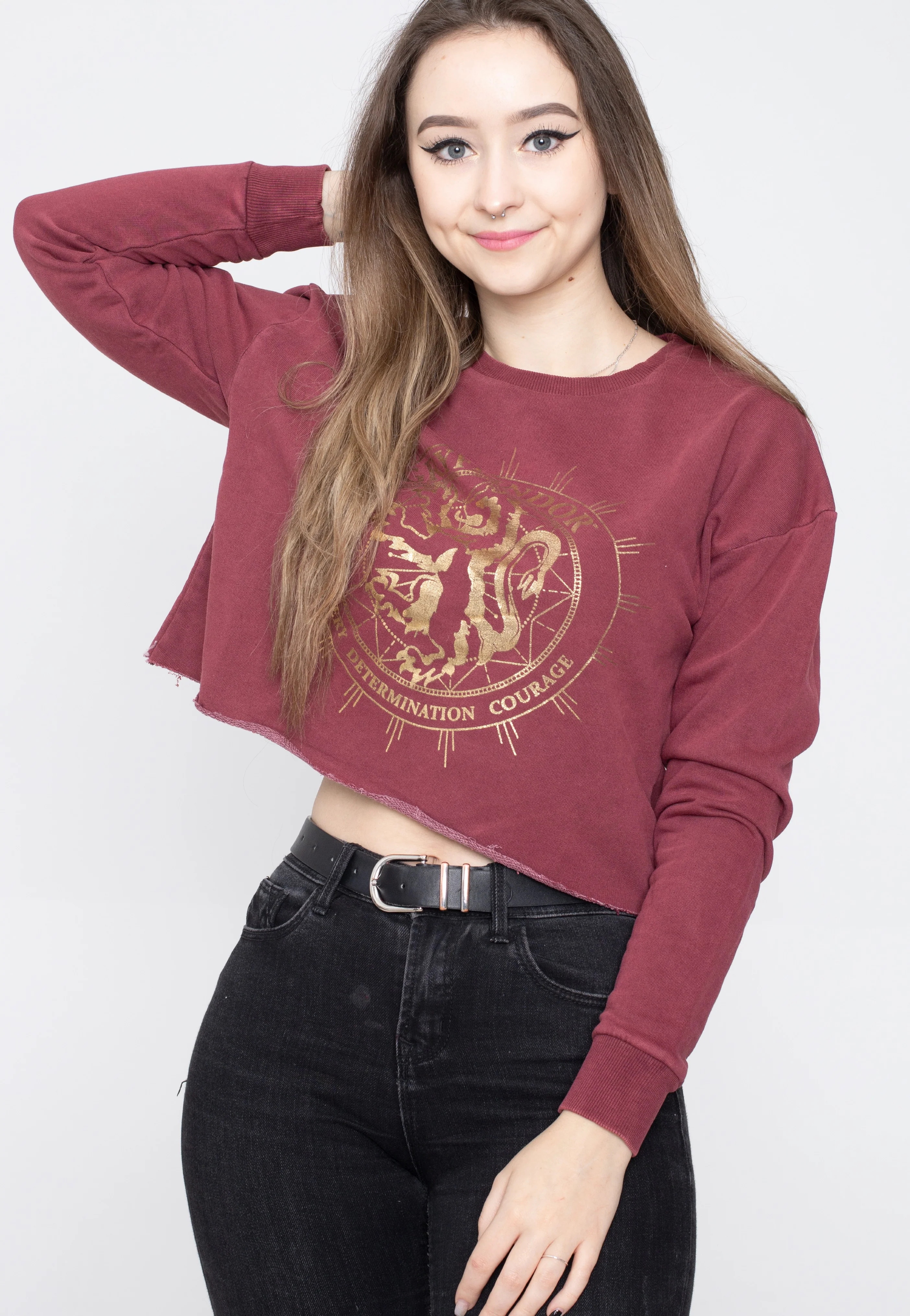 Gryffindor Cropped Wine Red Acid Wash - Sweater