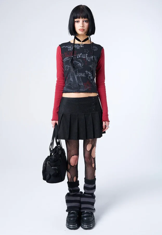 Romy Pinstripe Pleated Mini Black - Skirt - Image 9