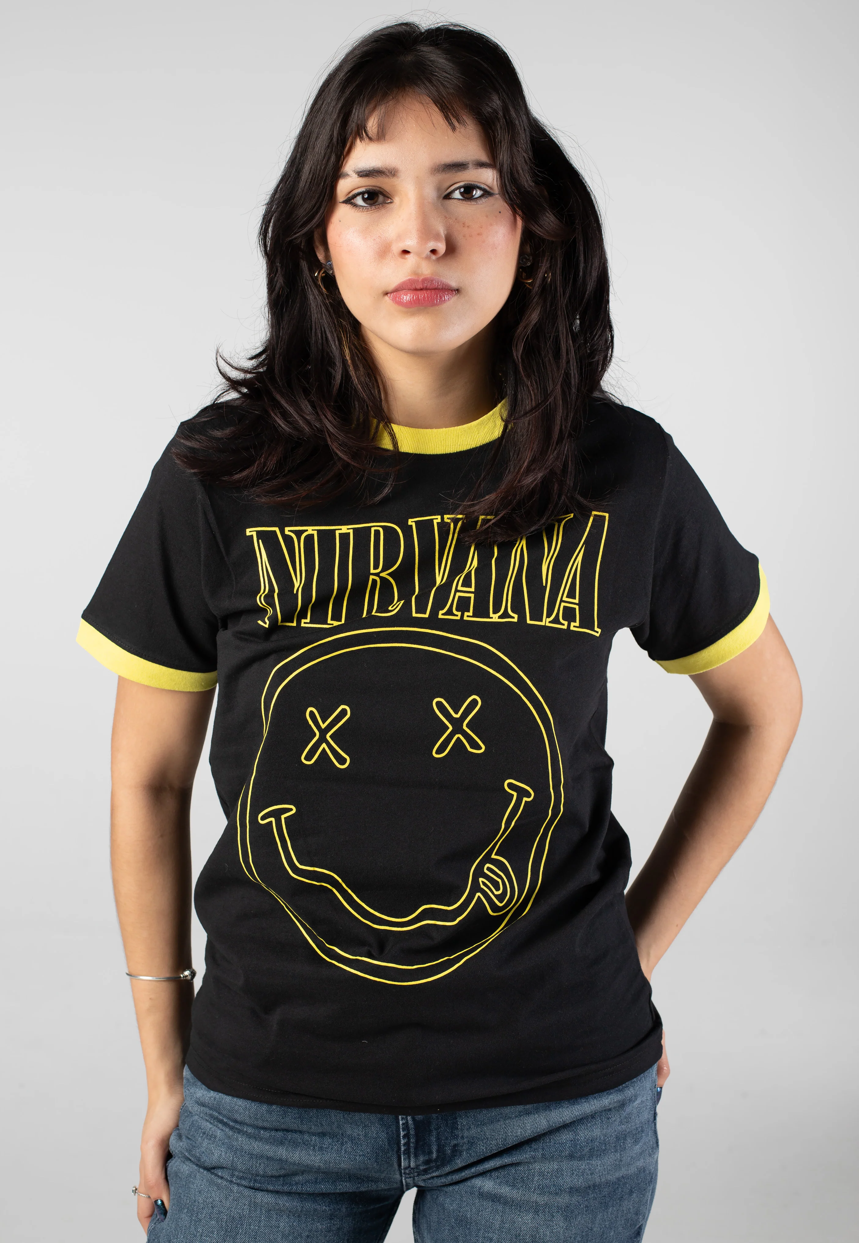 Outline Happy Face Ringer - T-Shirt - Image 3