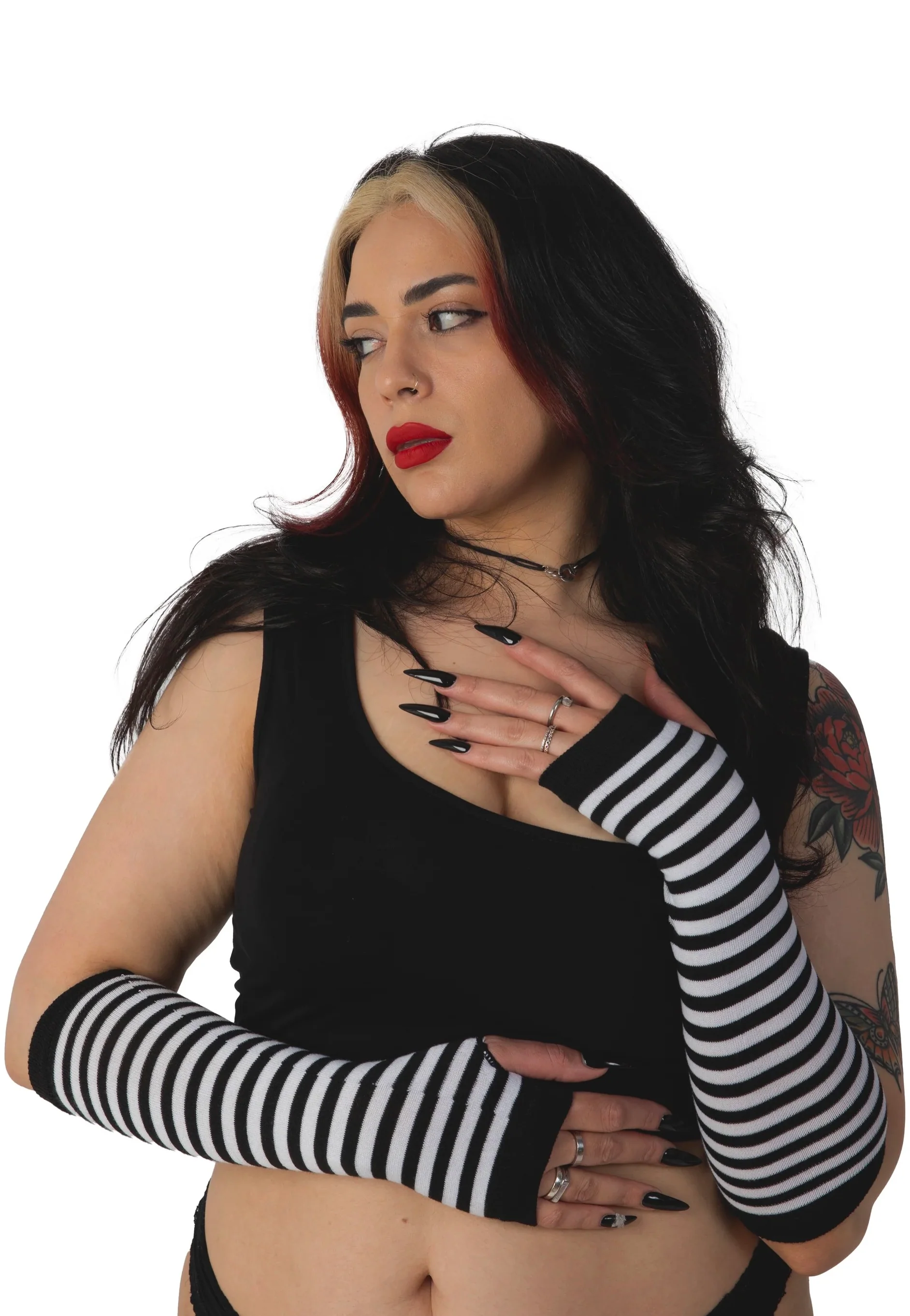 Striped Fingerless White - Gloves - Image 2