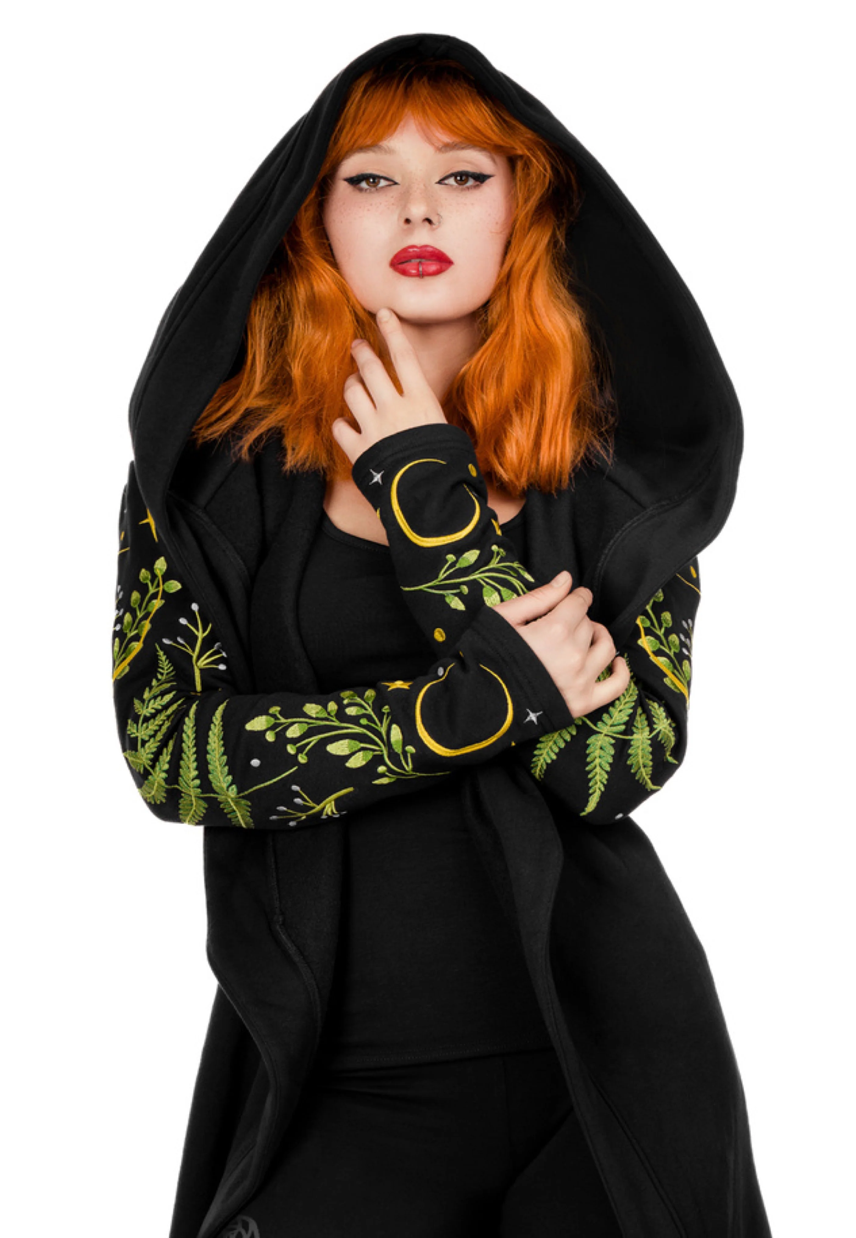 Long Pagan Herbal With Fern And Crescent Black - Cardigan - Image 2
