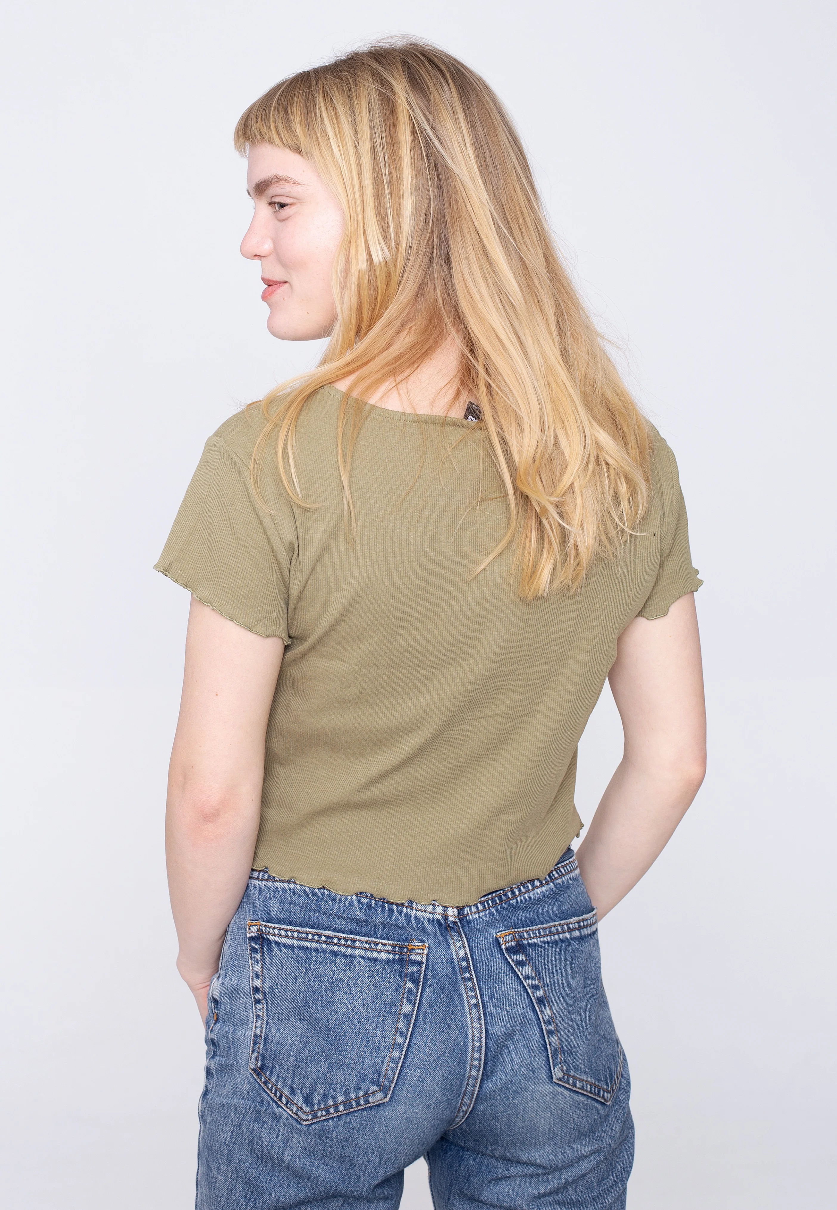 Ladies Cropped Button Up Rib Khaki - T-Shirt - Image 2
