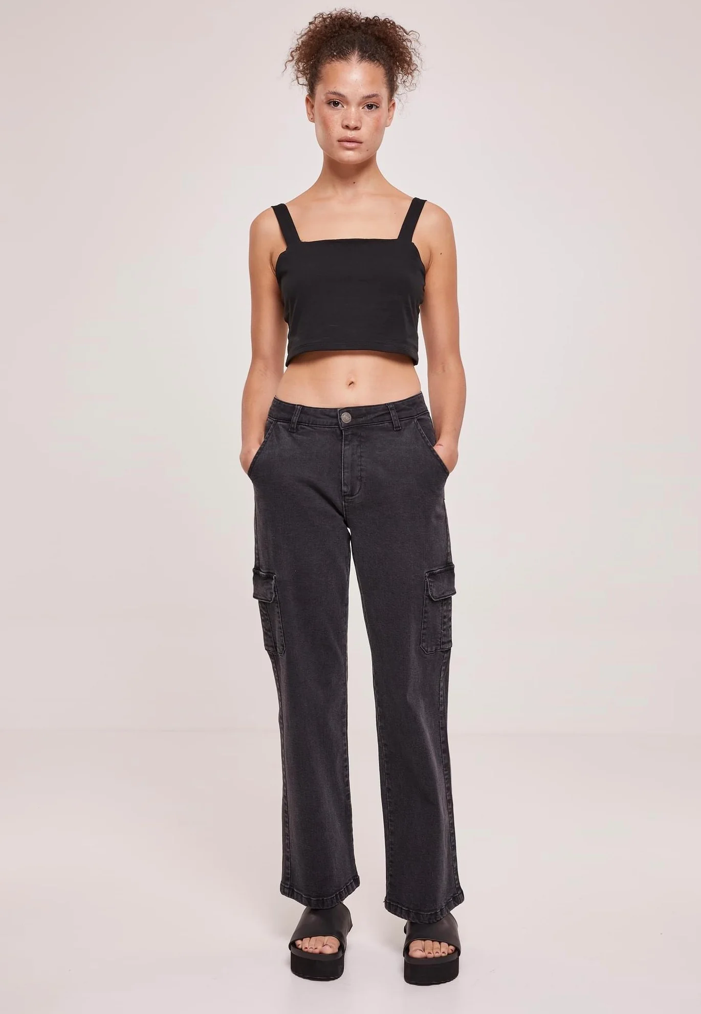 Ladies High Waist Straight Cargo Black Washed - Jeans - Image 2