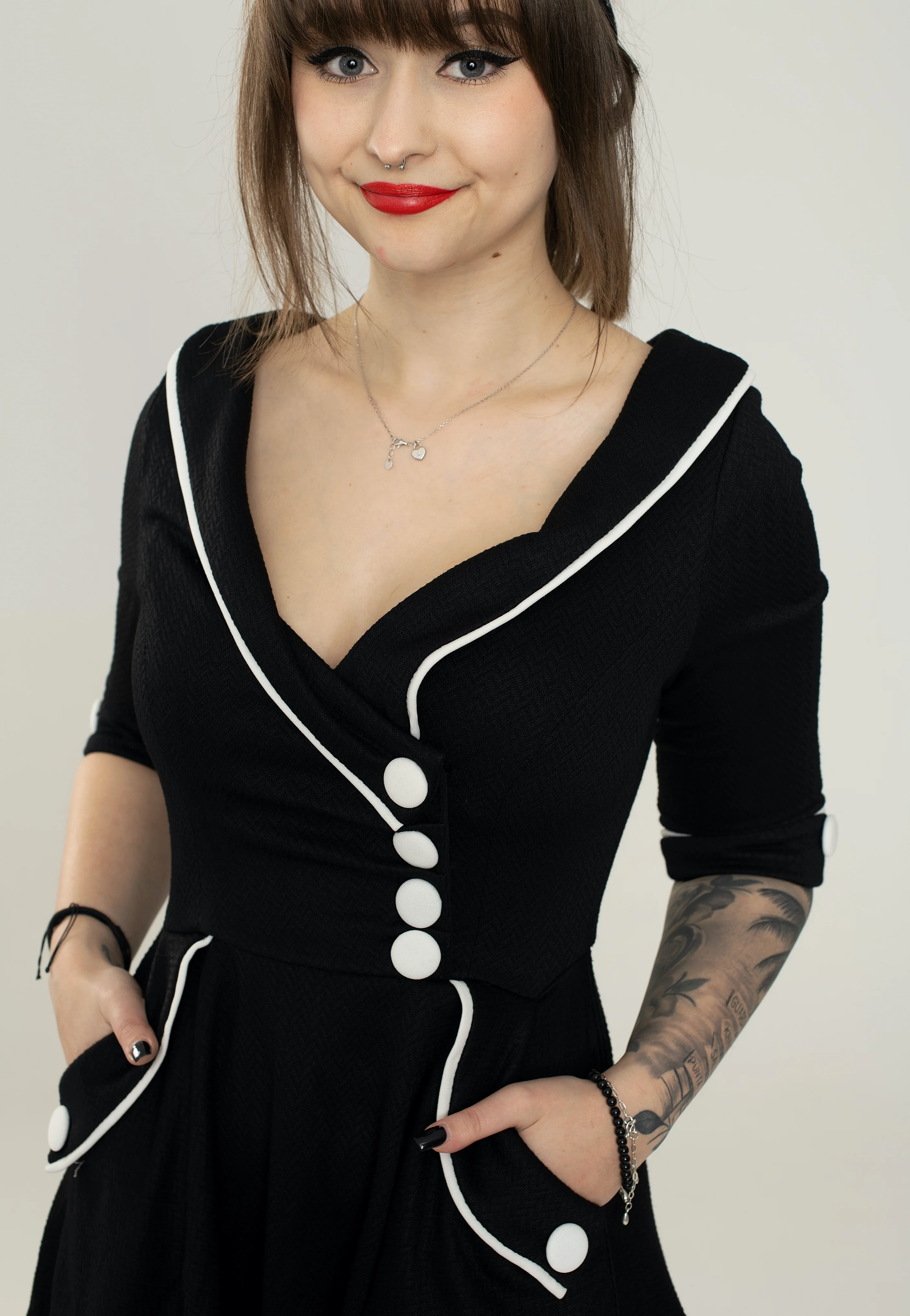 Marica 1950s Herringbone Wide Collar Black - Dress - Image 7