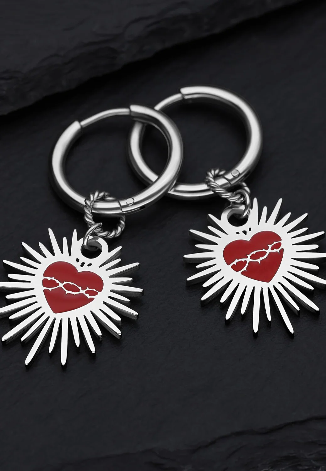 Enamel Sacred Heart Barbed Wire Silver - Earrings - Image 6