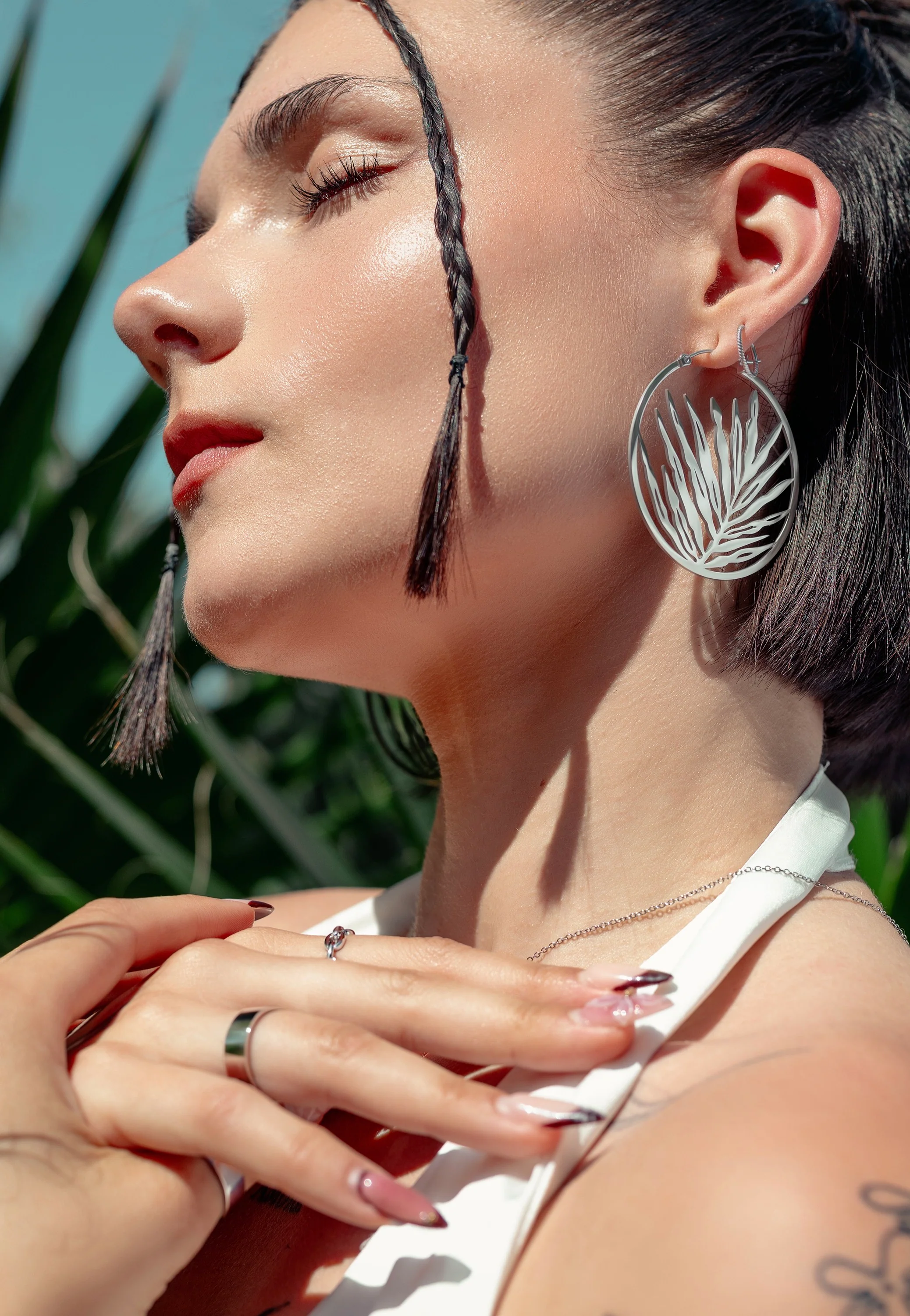 Noble Leaf Hoops Pair Silver - Earrings - Image 2
